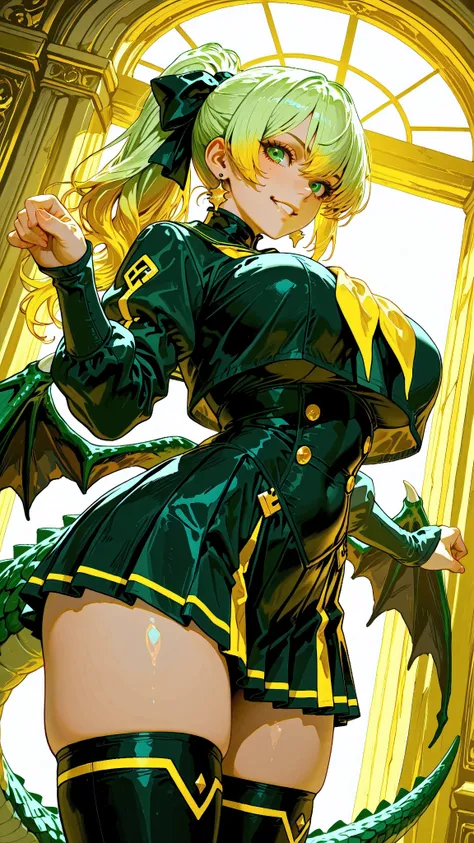 (Very refined),Distorted Daredevil Alligator Gal Girl is characterized by,fine,Very thin ,is characterized by having sharp green gray eyes with a fearless face that has never been seen,(Isekai School Background:1.2),(tall),(166cm:1.1),BREAK BON CUBON,EXTRA...