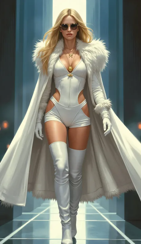 Kelly Preston as Emma Frost, X-Men, stunning blonde, walking confidently toward the viewer, tight white mini dress, deep V neckline, thigh-high boots, long gloves, luxurious white fur-lined cape flowing behind, stylish sunglasses, golden medallion necklace...