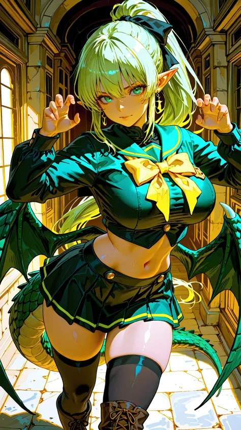 (Very refined),Distorted Daredevil Alligator Gal Girl is characterized by,fine,Very thin ,is characterized by having sharp green gray eyes with a fearless face that has never been seen,(Isekai School Background:1.2),(tall),(166cm:1.1),BREAK BON CUBON,EXTRA...