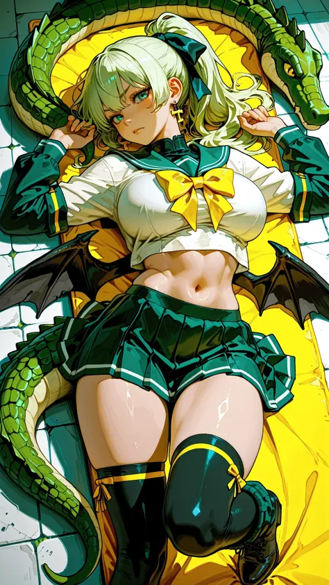 (Very refined),Distorted Daredevil Alligator Gal Girl is characterized by,fine,Very thin ,is characterized by having sharp green gray eyes with a fearless face that has never been seen,(Isekai School Background:1.2),(tall),(166cm:1.1),BREAK BON CUBON,EXTRA...