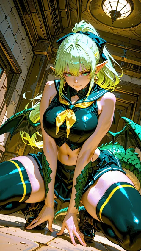 (Very refined),Distorted Daredevil Alligator Gal Girl is characterized by,fine,Very thin ,is characterized by having sharp green gray eyes with a fearless face that has never been seen,(Isekai School Background:1.2),(tall),(166cm:1.1),BREAK BON CUBON,EXTRA...