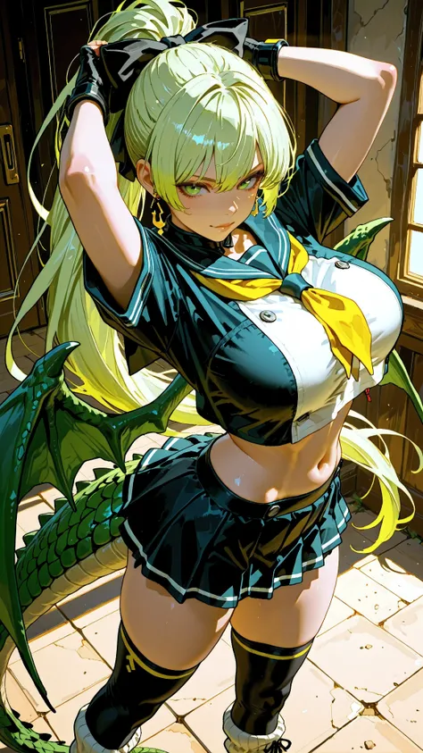 (Very refined),Distorted Daredevil Alligator Gal Girl is characterized by,fine,Very thin ,is characterized by having sharp green gray eyes with a fearless face that has never been seen,(Isekai School Background:1.2),(tall),(166cm:1.1),BREAK BON CUBON,EXTRA...