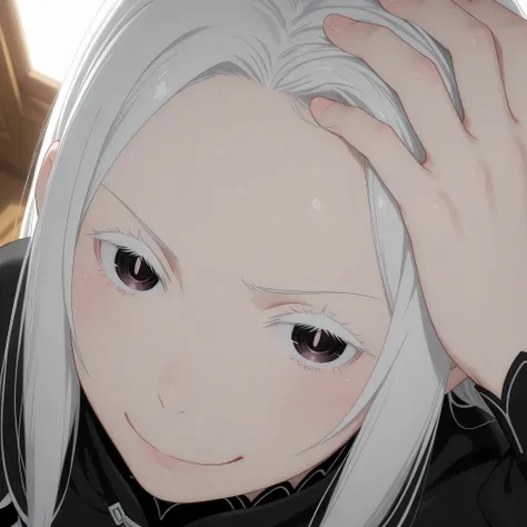 echidna rezero, close up, hand on hair, showing forehead, looking confident, smug, looking at viewer, dynamic angle, view from above, attractive, masterpiece, best quality, good lighting