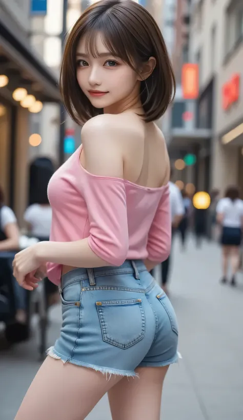 ( top quality , masterpiece:1.2),  Perfect Body,  Slim Waist, Big breasts,  energetic off-shoulder sweatshirt,  ショートJeans, backstreet, vibrant，one girl, The golden ratio,[:(detailed faces with ofisu:1.2):0.2]:，  Pure Face， inside a streetcar，View from the ...