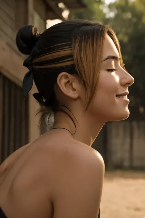 Pakura,1girl, solo, upper body, side view, viewed from side, smile, sensual expression,eyes closed,leaning forwards,leaned forwards,sweaty