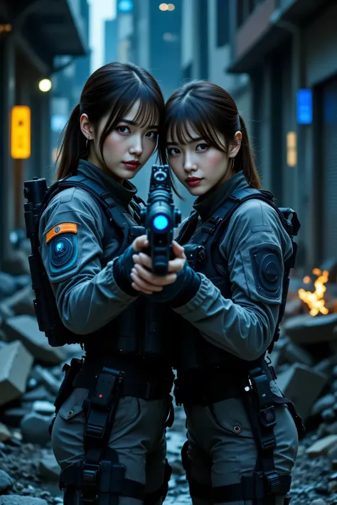 2 people、from below,full body,shoes・heel,Cyber Warrior、Japanese women in military gear、30 years old、A fair-skinned Japanese-style beauty、japanese women FL1,tall model body,Small Faces、Beautiful mature woman、Holding a machine gun with both hands、is pointing...