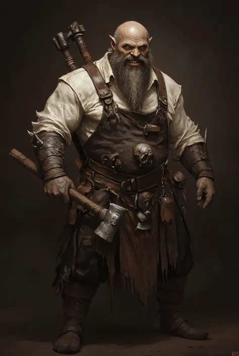 (1man, blacksmith, medieval blacksmith, muscular fat body, bald, long beard, happy expression, wear basic medieval outfit, blacksmith apron, white dirty shirt, holding a small hammer), anthr0dnd, Gul'dan, perfection style, dark fantasy character, detailed ...