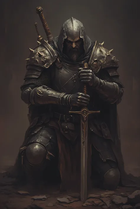 (1man, exiled knight, old weathered full plate armor, journeyman medieval armor, cracked armor, kneeling to the ground with sword in hand), anthr0dnd, Gul'dan, perfection style, fantasy character, detailed full-body character concept art, minimalist design...