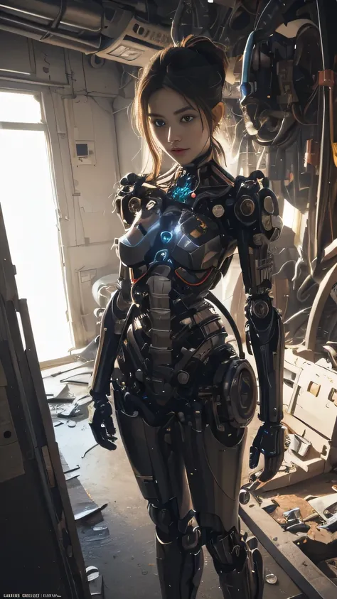 (( raw photo ), absurd, (unreasonable resolution)), ((hyperrealism, photorealistic)), (((war damage, mechanical defect, damaged robot girl))), (bright glowing pupil, LED magnifying glass), (standing facing the front), ((Glowing Skin, Mechanical Girl,)), (s...
