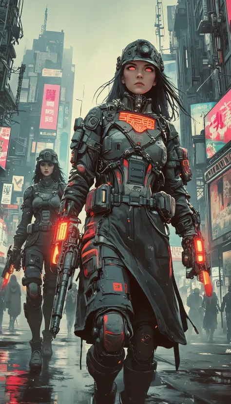 cyberpunk, 2 girls is partner, mercenary, detailed cyberpunk scene, 2 female mercenaries in action, intricate facial features, intense expressions, tactical gear, high-tech weapons, dystopian cityscape, neon lights, rainy atmosphere, gritty textures, digit...