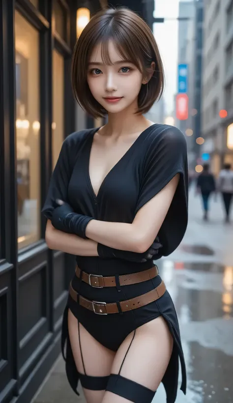 (RAW shooting:1.2)、( Photoreal:1.4)、(masterpiece:1.3)、( top quality:1.4)、 Portrait, 1 girl, Beautiful Face, Highly detailed、Very complicated、 detailed faces with ofisu 、 Asymmetric Hair , MULTI-COLORED HAIR, belts, bodysuit , Cover your mouth, separa...