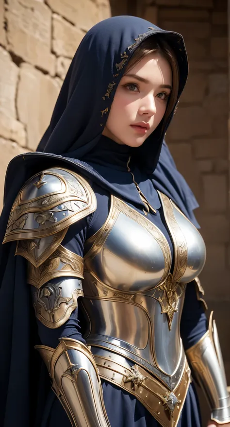 wearing a hijab and vail around , (plain red hijab), tmasterpiece，Best quality at best，A high resolution，8K，((Portrait))，(Head close-up)，Original photo，real photograph，digital photography，(Female adventurers in the medieval fantasy style)，(Medieval Valkyri...