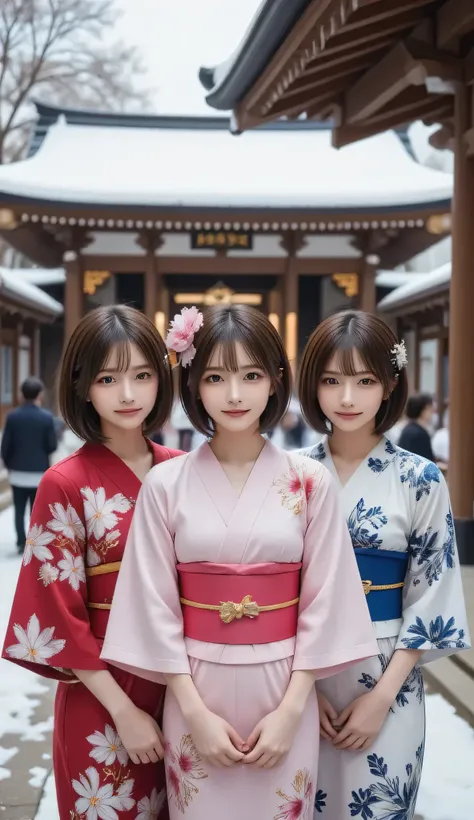 ((Early morning at a Japanese shrine)), (( SNOWS)), ((sexy Kimono Style )), (( A beautiful woman wearing colorful Japanese clothes 3 young woman))、((each woman wears a kimono of a different color)), ((hair like dots)), (( Bang Hair )), ((Japanese hair or...