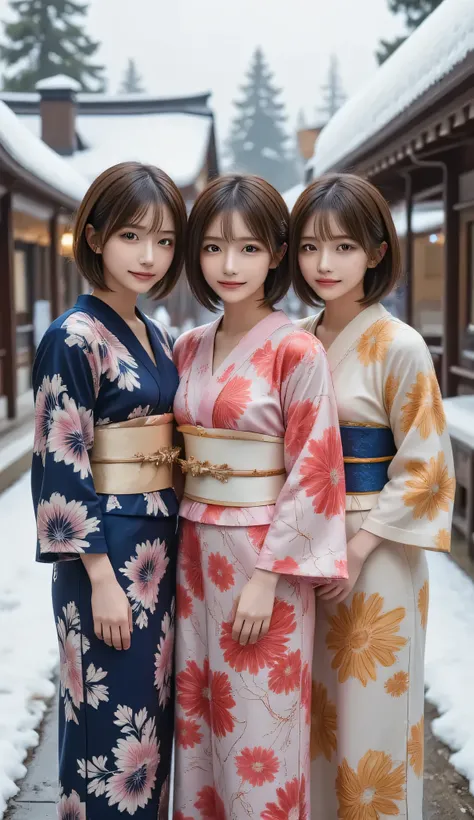 ((Early morning at a Japanese shrine)), (( SNOWS)), ((sexy Kimono Style )), (( A beautiful woman wearing colorful Japanese clothes 3 young woman))、((each woman wears a kimono of a different color)), ((hair like dots)), (( Bang Hair )), ((Japanese hair or...