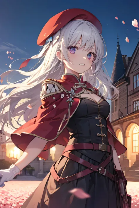 Serious girl, White hair, (showing teeth), castle background, castle background(mansion), complete anatomy, Graphic Effects, red beret, strong breeze , sakura petals and leaves, , Masterpiece, the best quality