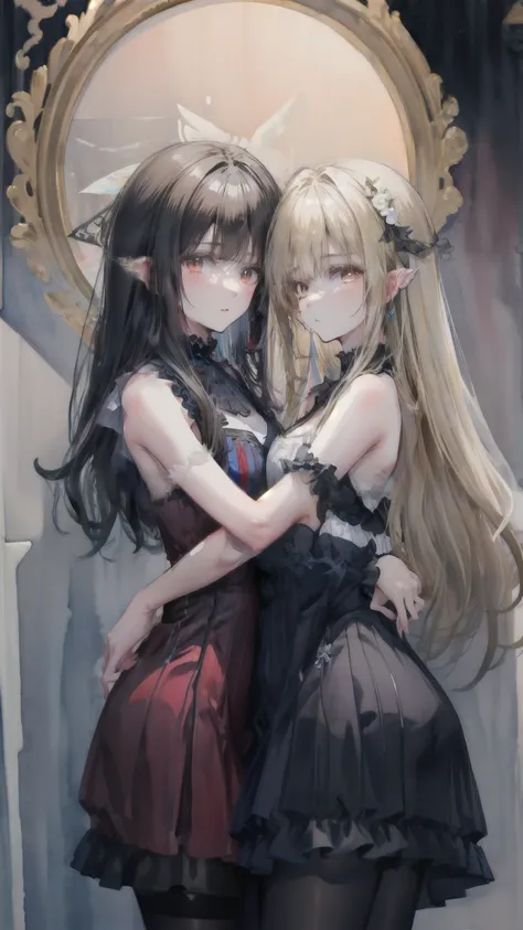masterpiece, top quality, womanhood, twins, Fairies and dark fairies, Dress、(watercolor),(２Human girls are hugging each other:1.3）、Black Haired Girl and Blonde Girl、