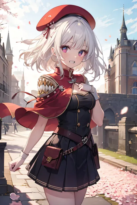 Serious girl, White hair, (showing teeth), castle background, castle background(mansion), complete anatomy, Graphic Effects, red beret, strong breeze , sakura petals and leaves, , Masterpiece, the best quality