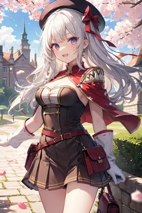 Serious girl, White hair, (showing teeth), castle background, castle background(mansion), complete anatomy, Graphic Effects, red beret, strong breeze , sakura petals and leaves, , the best quality
