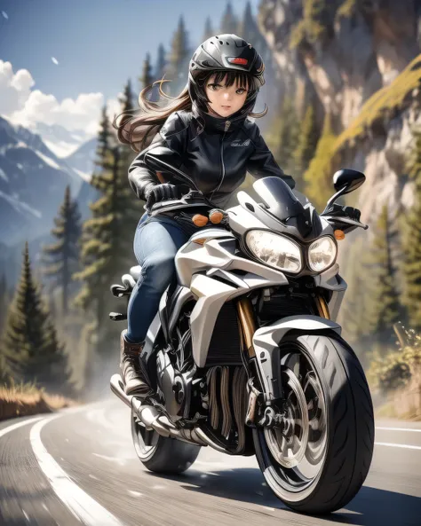 ((( Masterpiece:1.3, Best Quality, hight resolution, nffsw, Perfect Pixel,  4K, nffsw, nffsw))), 1girl in, Off-road motorcycle driving on spring country roads、18-year-old girl、jet helmet、((December scenery, white Christmas, softly falling snow, she drives ...
