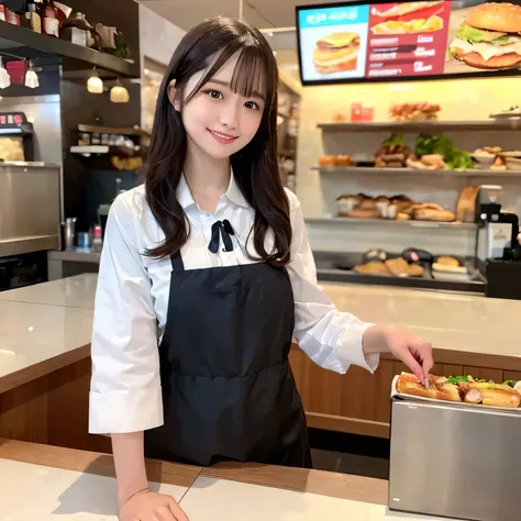 She is a cheerful girl working behind the counter at a cozy burger shop. She is wearing a cute burger shop uniform and smiling warmly at the customers. The background shows a bright and clean fast food counter with menu boards. Bob haircut, dark hair, dark...