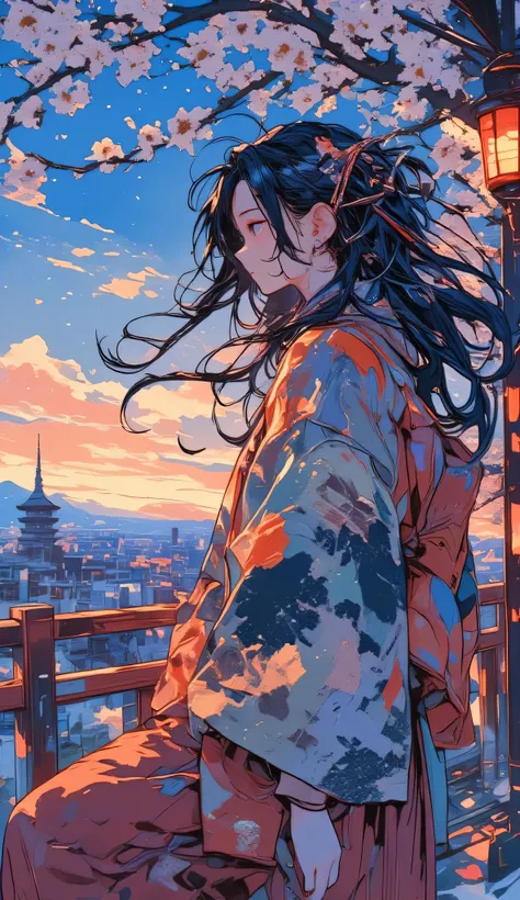 (top quality, high resolution, masterpiece:1.4)、8k、((handwritten、watercolor pencil drawing   ))、Rai、Shrine maiden、Photoreal、Outstanding Artistic Performance、Breeze of the wind at dusk、Taikobashi in the Meiji period drew an arc with a red parapet、Willows sw...