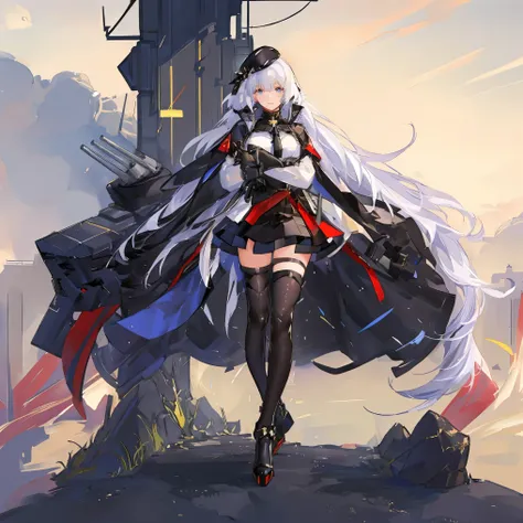 has white hair、anime girl with a black hat、in a black dress，from Turquoise Line Games，Azur Lane style,fr om Girls Frontline， fleet collection style ，《The Blue Line》function，Fine Details，Girls Frontline， Best Anime 4K Konachan Wallpaper，Girls Frontline styl...