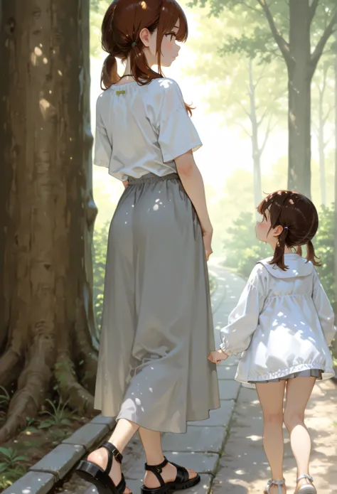 short stack、Parks、white kindergarten clothes、、young、Brown Hair Twin Tails、tree-lined road、、、outdoor、Parks、profile、Walking、full body back view、grey long skirt、black sandals