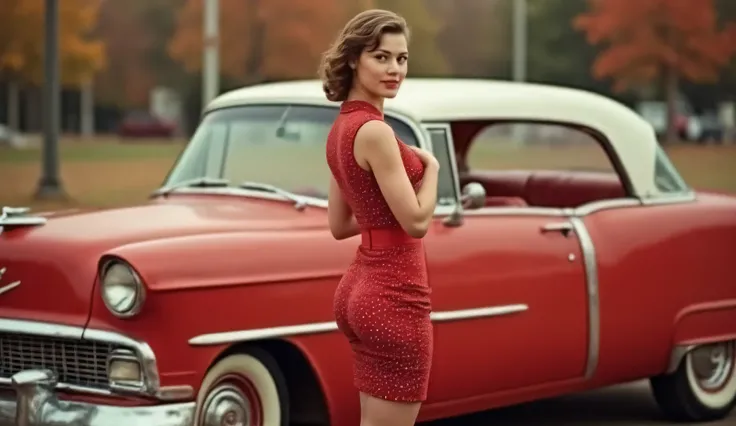 ((Katy,  A young woman 5 )), ((She wears clothes from the 50's)), ((she is standing there wearing her figure, back angle)), ((she is recharged in a Cadillac car))