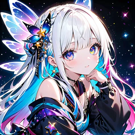 Front face facing the viewer、Babyface、 staring at the viewer 、ソウタシエのstarのアクセサリー、((( Best Details、 top quality、Supreme Masterpiece、Super Detailed、high definition)))、1 girl,,Blink, ((( milky white hair color ,Starry Hair)))、unique cute hairstyle (large space...