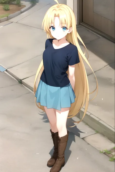 1girl, standing (Anatomically Correct body 1.6 ) Blonde anime girl with long hair of (yellow eye Navy blue t-shirt and light blue skirt (color) And brown boots 1.6)