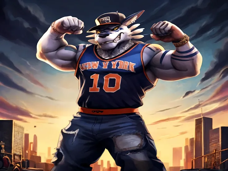 Garurumon,garurumon,digimon,,werewolf,male,aldult,alone, Solo, 4K,best quality,whole body, standing in a baddass pose.,Show arms muscles, (muscular, Athletic body:1.0),  biceps, 弯曲biceps, anatomically correct,Delicate fur,pride,soft shadow, evil, crazy, ma...