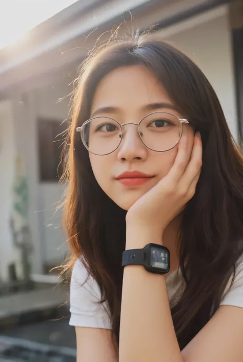 1girl , indonesian girl , 25 years old Indonesian girl, selfie , resting chin with one hand , chinese , brown hair , long hair , big round glasses, casual t-shirt, smart watch, smile , blinking eyes , realistic, sun flare , taking from iphone camera, 