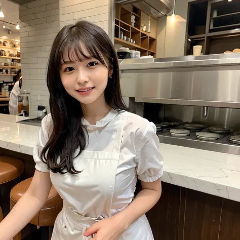 A girl is working as a waitress in a cozy cafe. She's wearing a classic maid outfit. The air feels warm and calm, and it's like you can almost smell the coffee through the picture. long hair, dark hair, dark eyes.