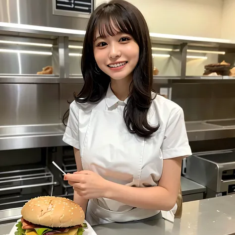 She is a cheerful girl working behind the counter at a cozy burger shop. She is wearing a cute burger shop uniform and smiling warmly at the customers. The background shows a bright and clean fast food counter with menu boards. long hair, dark hair, dark e...