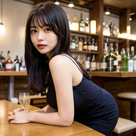 A 2D anime-style illustration. The scene is set inside a dimly lit, cozy Japanese "snack" bar. The lighting is soft and warm, with gentle shadows creating a relaxed, moody atmosphere. Bottles of liquor line the shelves behind the bar, and small round table...