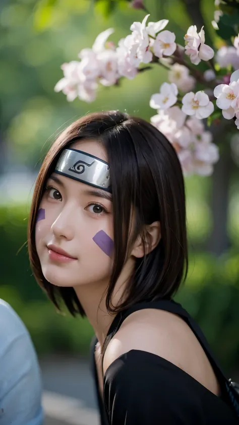 "Create a hyper-realistic portrait of Rin Nohara from Naruto Shippuden as if she existed in the real world. She is a beautiful age girl with soft, natural features and a gentle smile. Her medium-length dark brown hair frames her face, short hair, with two ...