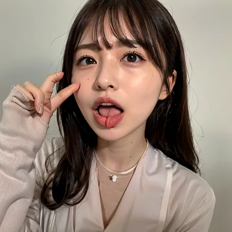 NSFW. A girl just swallowed. She shows a clear expression of discomfort and distaste, slightly sticking out her tongue as if reacting to the bitter taste. Her throat appears subtly tense, capturing the natural motion of swallowing. The atmosphere suggests ...