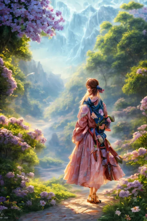 Best Quality, high_resolution, distinct_Image, detailed background ,Girl, Hanboks,flower,garden,officer, evening,