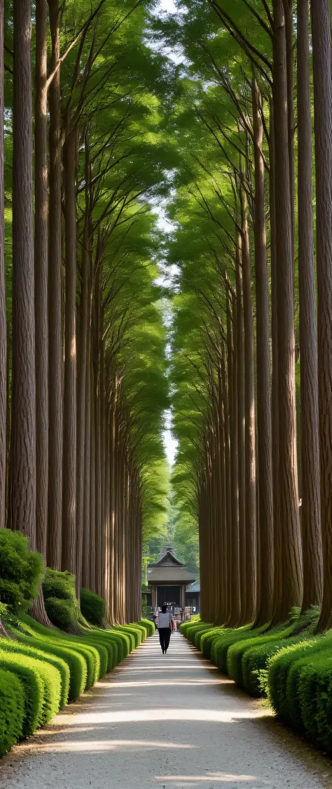 highdefinition images、Nagano Prefecture、imagine the road to Okusha Shrine from the viewpoint of walking along the sidewalk、huge cedar trees are neatly maintained on both sides、There is a sacred atmosphere up to the gravel path on the approach to the shrine...