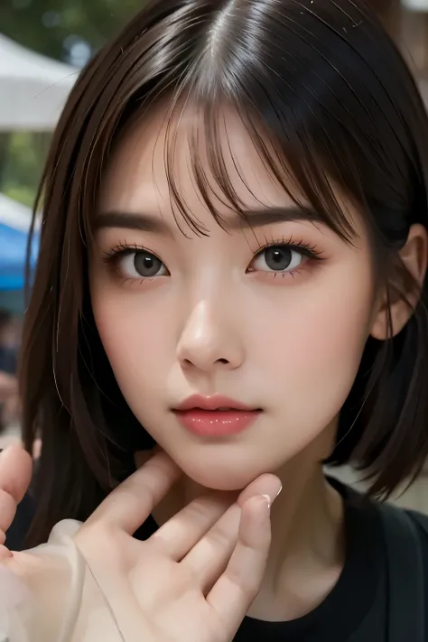 short short hair holding a cup in her right hand,have bangs、((long sling 2.0)),tight eyebrows,Foxy face,