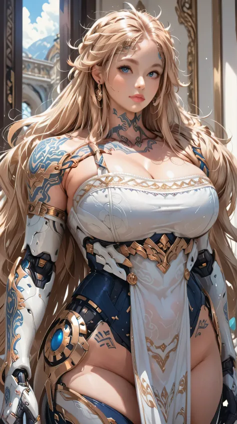young girl, beautiful, white armor robot, blue eyes, messy hair, blonde hair, long hair, tattoo, big breasts, huge breasts, big body, sexy, thick thighs, earrings, facing front.