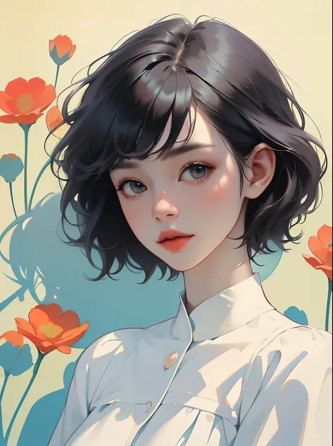 386 (20 year old woman),(short hair),(gentle smile),(high quality photos),( cinematic pictures playing on the lawn ),(colorful),(Floral),((Light and Shadow Contrast))