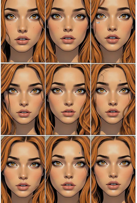 (Masterpiece), (Hyperdetailed), (hyperrealistic), 4k, 8K, 16K, comic style, comic strips, draws a succession of nine vignettes showing a close-up of the face of the same European girl showing different emotions, pretty beautiful girl, sensual, sexy, very c...