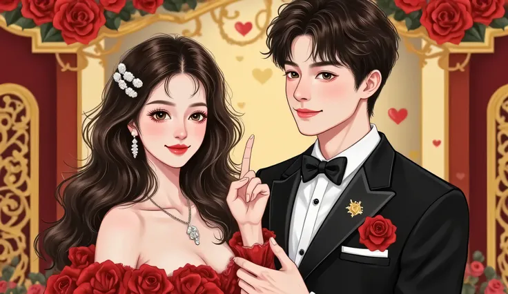 A handsome male CEO in an elegant black suit and a beautiful woman in a glamorous evening dress with Douyin-style makeup, attending a luxurious evening party, semi-realistic manhwa style, slightly close-up portrait view, warm ambient lighting, elegant and ...