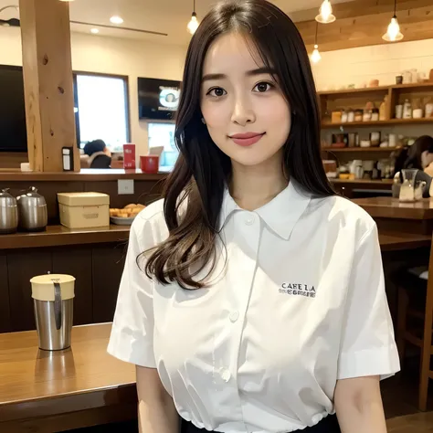 A girl is working as a waitress in a cozy cafe. She's wearing a classic maid outfit. The air feels warm and calm, and it's like you can almost smell the coffee through the picture. long hair, dark hair, dark eyes.