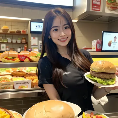 She is a cheerful girl working behind the counter at a cozy burger shop. She is wearing a cute burger shop uniform and smiling warmly at the customers. The background shows a bright and clean fast food counter with menu boards. long hair, dark hair, dark e...