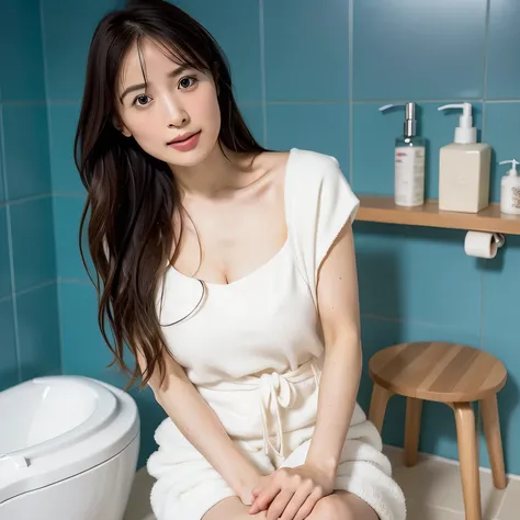 A beautiful woman in a A narrow, compact Japanese bathroom, with tiled walls, a small bathtub, and a wooden stool beside it. Steam fills the room., sitting in seiza style , politely waiting to greet someone.The character is wrapped in a towel around the bo...