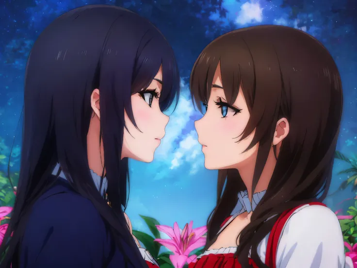 The perfect lesbian couple. Two girls facing each other. Lilies blooming against the starry sky.