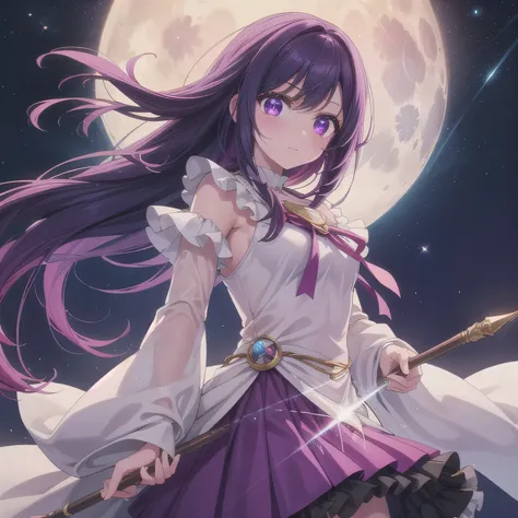 (シンボル型の瞳孔:1.5), A beautiful, anime-style Japanese magical girl, 2, with long flowing purple hair and deep violet eyes. She wears an elegant, shimmering purple magical outfit with fantasy details, such as frills, ribbons, and glowing accents. She holds a magical staff with a glowing purple gem at the tip. The background features a full moon in a starry night sky, with an owl flying across. Her expression is graceful yet strong, and she radiates a mystical, magical aura. The overall atmosphere should feel enchanting, mysterious, and distinctly magical girl-like, with a touch of elegance and maturity.