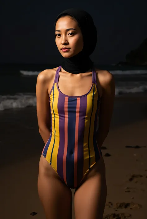 Disappointed facial expression, Front posing, Wearing Scarf neck tie, Front posing, SUPER SKINNY, memakai kacamata rabun,  (Thighs and calves huge muscles), (((MOODY FACE EXPRESSION))), "Wearing Hijab perfectly",  wearing Scoop Neck Sleeveless yellow & pur...